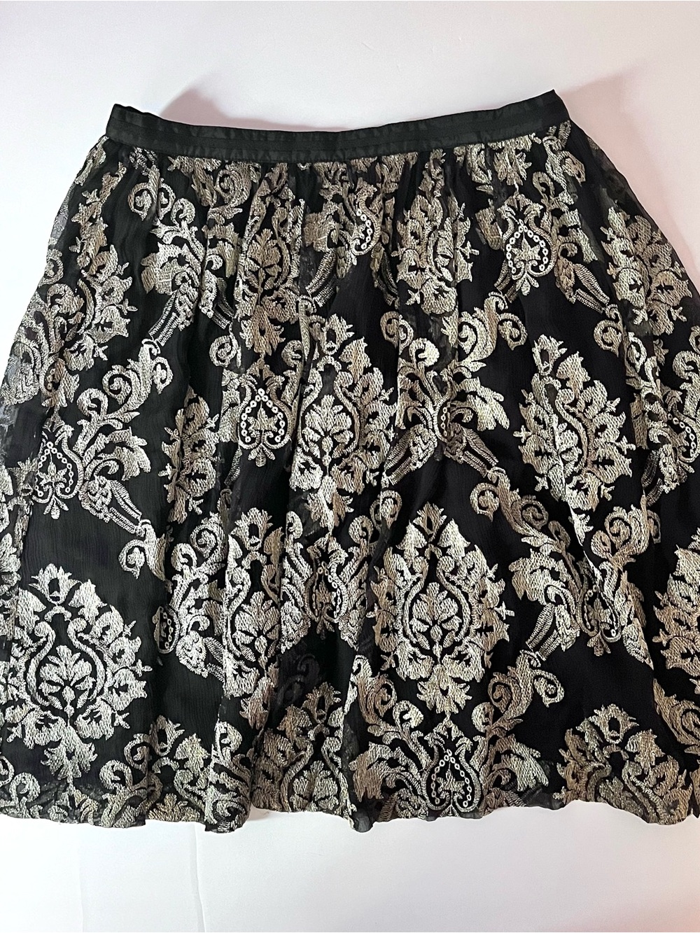 Garnet Hill 100% Silk Paisley Damask Short Flare Skirt Black Gold Size 8